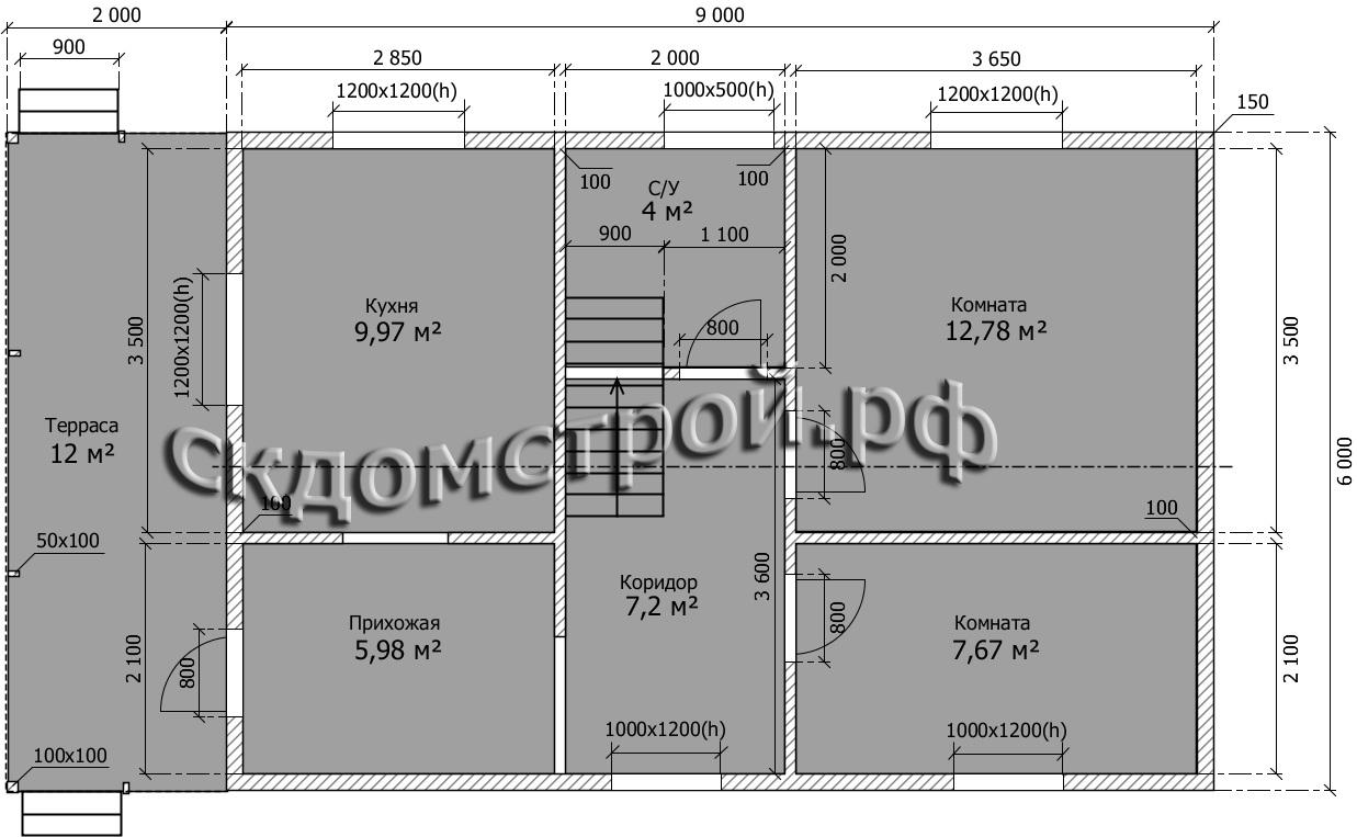 09. Каркасный дом 108 м2 (6000Х9000) мм с мансардой в 1,5 этажа.  Стропильная конструкция двухскатная.